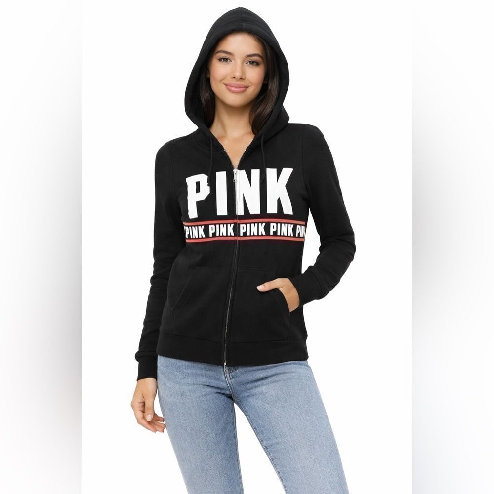 PINK Victoria’s Secret Women's Y2K Full Zip Up Hoodie Jacket Black Size XS